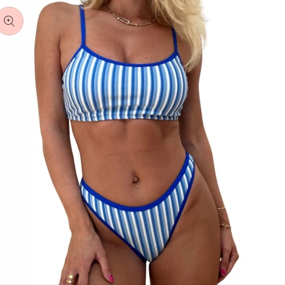 NWT Jimmi Swim Blue Lagoon set striped Terry material cheeky bottoms Size small - Picture 1 of 7